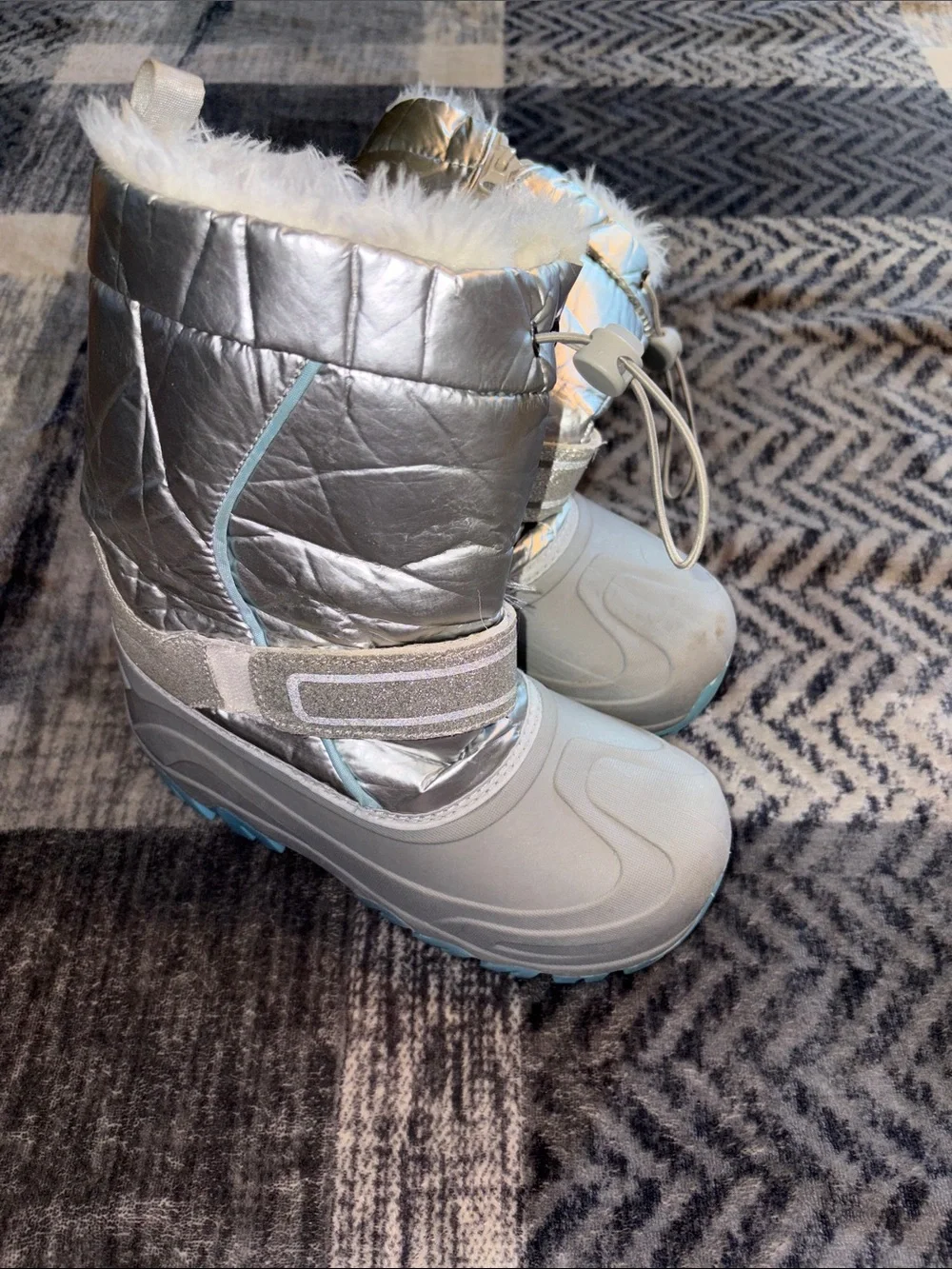Kids Silver and Light Blue Insulated Snow Boots with Faux-Fur Cuff